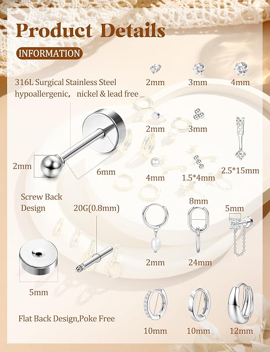 LOLIAS Flat Back Earrings for Women Hypoallergenic Surgical Steel Earrings for Sensitive Ears-20G Cartilage Earring Stacks 14K Gold Plated Hoops Flatback Stud Earring Sets for Multiple Piercing