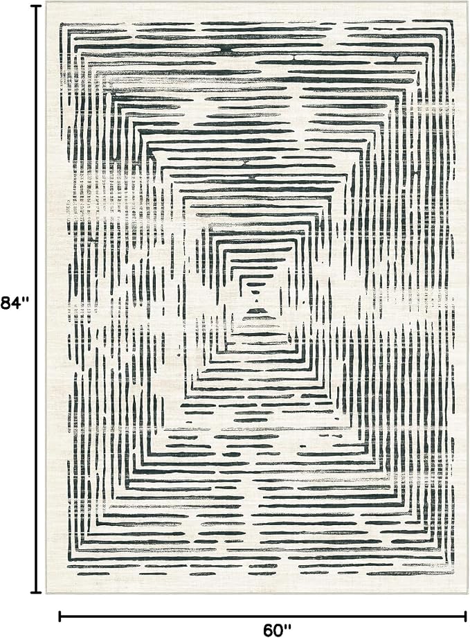 BLISSA Washable 5x7 Area Rugs - Soft Modern Throw Rug for Living Room Non-Slip Ultra-Thin Black White Lines Borderd Abstract Carpet for Bedroom Dining Room Rugs for Under Table Nursery Home Decor