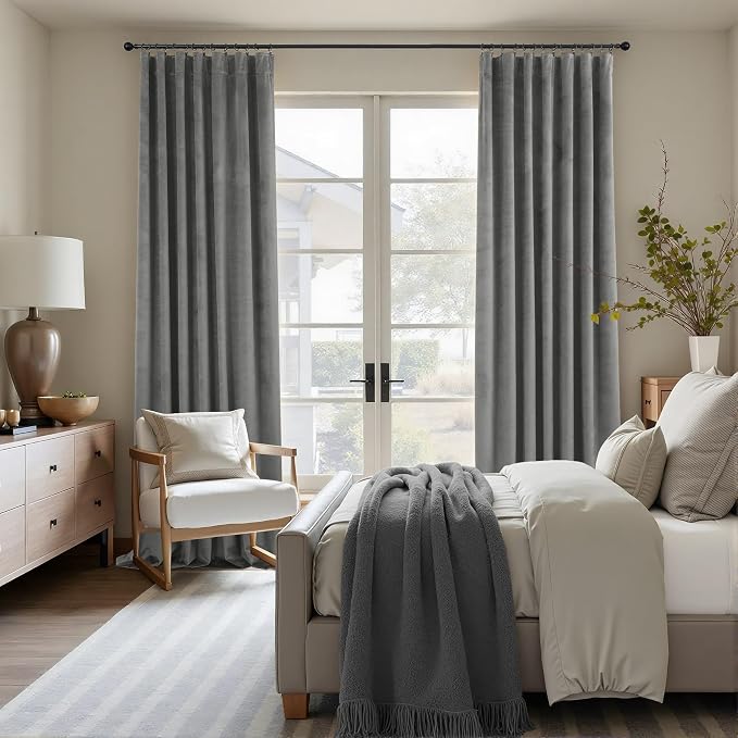 Grey Velvet Curtains 108 Inches Long 2 Panels Luxury Crush Velvet Blackout Drape Gray Back Tab Design Thermal Insulated Soundproof Noise Reducing Window Covering for Living Room French Door W52 x L108
