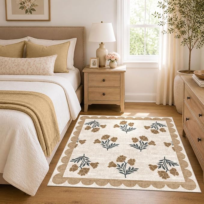 Beige Square Rug 4ft - Soft Washable Boho Farmhouse Square Entryway Rug Non Slip 4x4 Stain Resistant Cottage Floral Scalloped Throw Rugs for Living Room Bedroom Dining Room Bathroom Nursery
