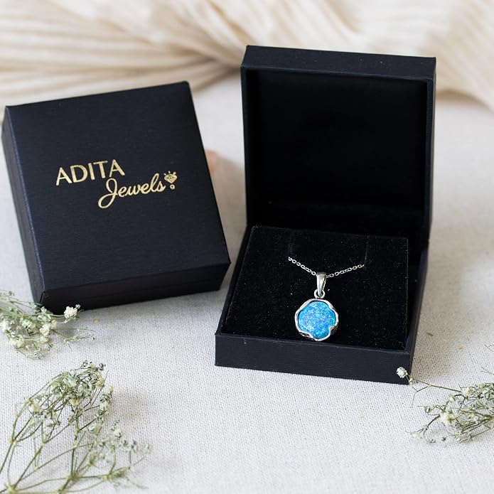 ADITA GOLD 925 Sterling Silver Blue Opal Necklace Women - Blue Opal Pendant Necklace Silver- October Birthstone Necklace - Silver Jewelry for Women- Minimalist Jewelry- Birthstone Necklaces