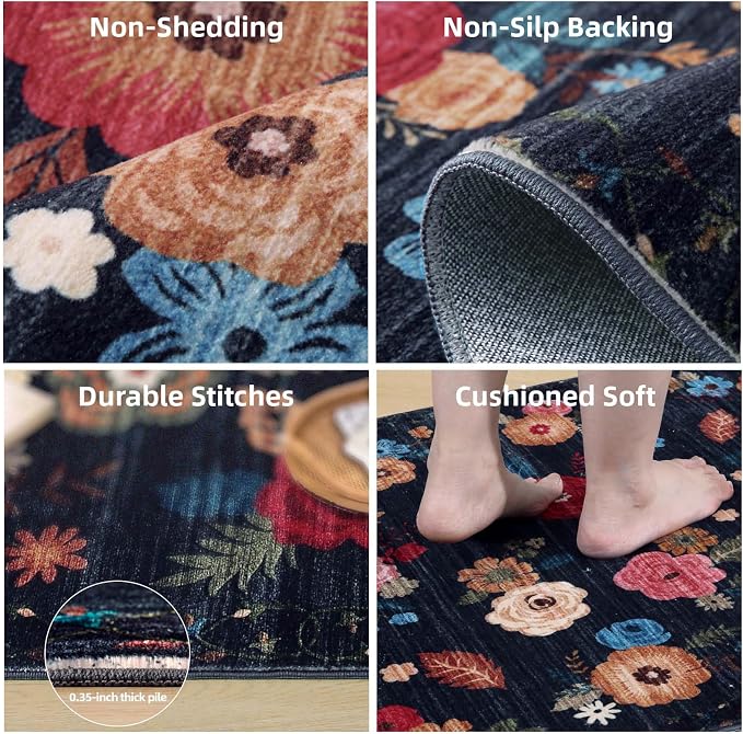 6x9 Area Rugs for Living Room: Washable Bedroom Rug Non Slip Low Pile Soft Faux Wool Non Shedding Vintage Floral Large Carpet for Dining Room Under Table Nursery Entryway Home Office Farmhouse Indoor
