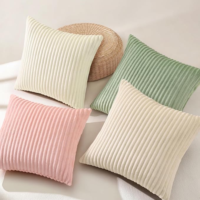 decorUhome Flannel Neutral White Throw Pillow Covers 20X20 Set of 4 | Decorative Fall Soft Fluffy Striped Double-Sided Couch Pillow Covers, Modern Farmhouse Pillow Cases for Sofa bed Home Decor