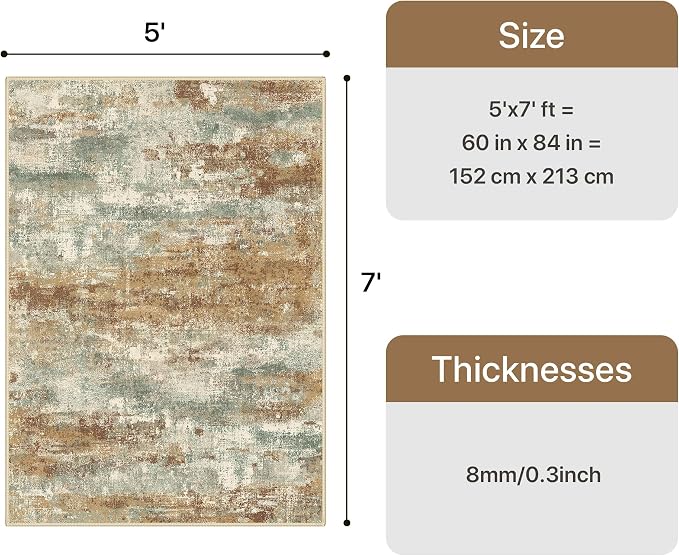GENIMO Area Rug 5x7 Washable Abstract Modern Rug Non Slip, Throw Neutral Rugs Soft Large Carpet for Living Room Bedroom Dining Room, Low Pile Lightweight, Burnt Orange Brown Green Colorful