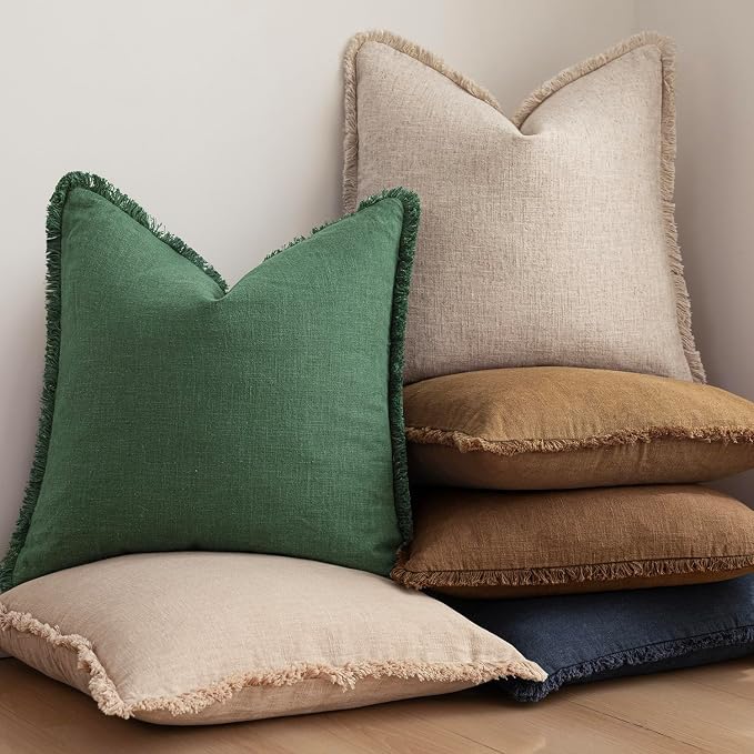 Foindtower Set of 2 Decorative Linen Fringe Throw Pillow Covers Cozy Boho Farmhouse Cushion Cover with Tassels Soft Accent Pillowcase for Couch Sofa Bed Living Room Home Decor, 18×18 Inch, Pine Green