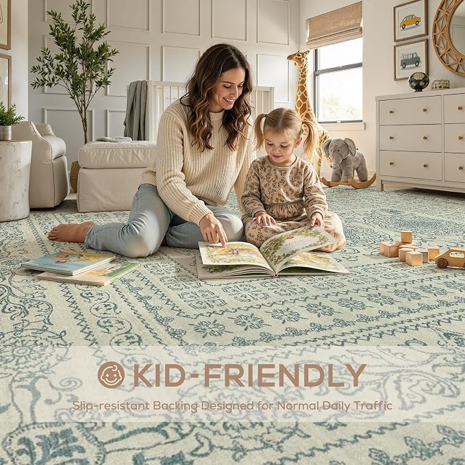 Nakagishi 6x8 Area Rugs Living Room: Washable Large Vintage Rug Neutral Non-Slip Soft Stain Resistant Indoor Carpet for Bedroom Nursery Dining Room Office Playroom - Forest Green