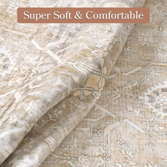 Collive Area Rug for Living Room 5x7, Machine Washable Neutral Farmhouse Rugs for Bedroom, Soft Non-Slip Low Pile Indoor Floor Accent Carpet for Office Entryway Nursery Dining Room - Beige