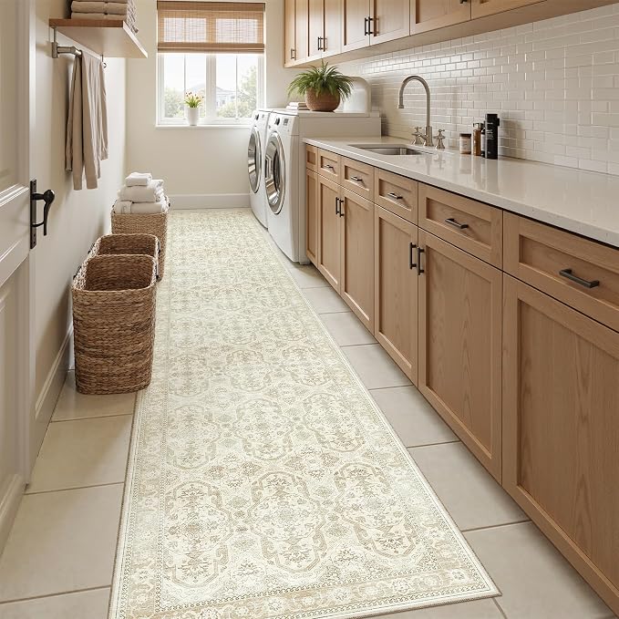 Soalmost Runner Rug 2x12 Washable Non-Slip Hallway Runner Rugs for Kitchen Bathroom Laundry Room Beige/Brown Vintage Floor Carpet Runners for Hallways Entryway