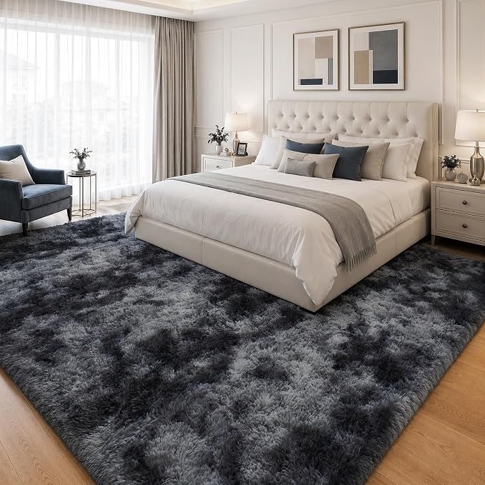 Area Rug for Living Room Bedroom: 9x12 Black Grey Soft Fluffy Shag Upgrade Non-Slip High Pile Carpet Large Fuzzy Plush Indoor Floor Decor Shaggy Rug for Kid Boys Girls Playroom Nursery Modern Home