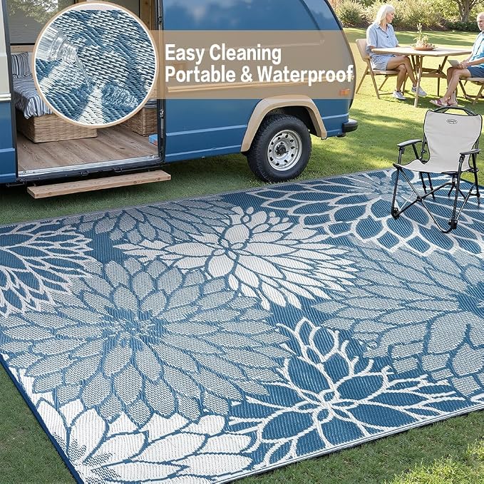 HUGEAR 5'x8' Outdoor Rug Waterproof Plastic Straw Rugs Blue Reversible Floral Mat Floor Carpet for Camping RV Deck Entryance Porch Picnic Balcony Beach Backyard