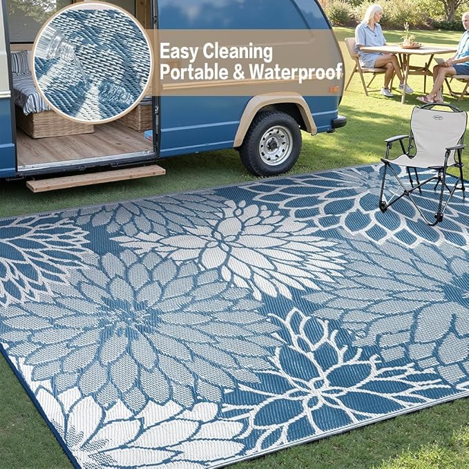 HUGEAR 6'x9' Outdoor Rug Waterproof Plastic Straw Rugs Blue Reversible Floral Mat Floor Carpet for Camping RV Deck Entryance Porch Picnic Balcony Beach Backyard