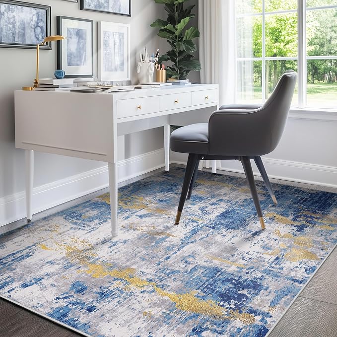 RELEANY Washable Area Rugs 4'x5' Non-Slip Modern Abstract Soft for Living Room Entryway Bedroom Kitchen, Print Pattern, Grey Blue Gold/Golden