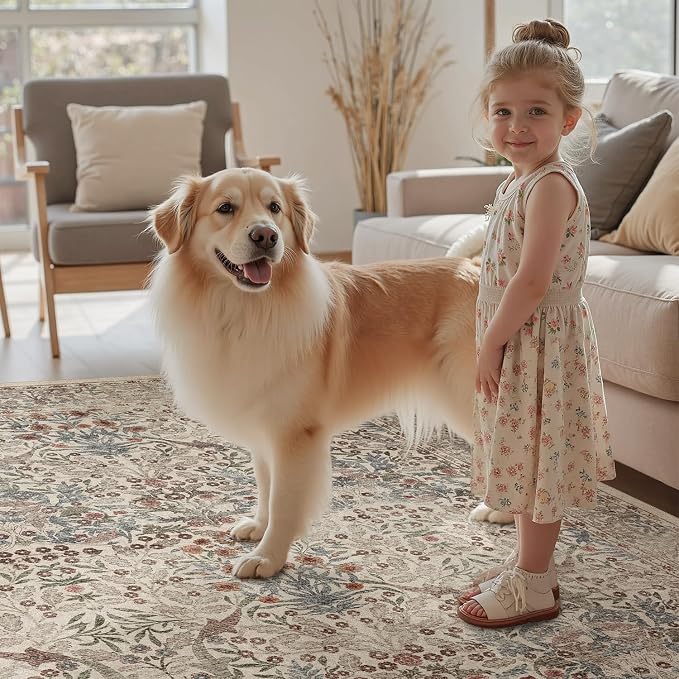 DCX Beige 6x9 Area Rug, Machine Washable Non Slip Stain Resistant Soft Vintage Floral Rug, for Living Room, Bedroom, Dining Room, Soft Low Pile Large Carpet