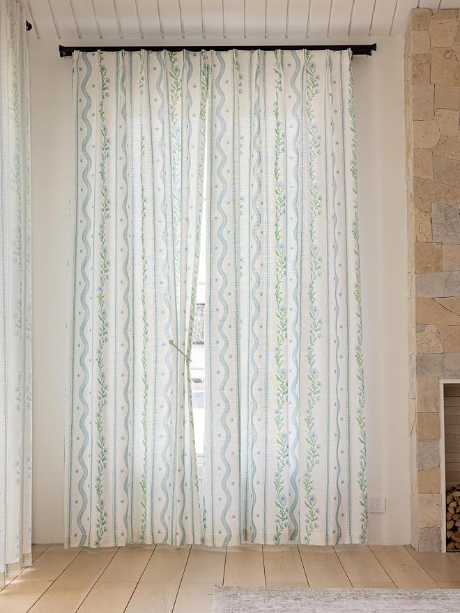DrapePalette - Linen Blend Pinch Pleated Curtains 102 Inches Long for Living Room, Bedroom, Dining Room, Light Filtering Curtains 2 Panels Set, Modern Floral Printed Design, Blue Trellis, 30"W x 102"L