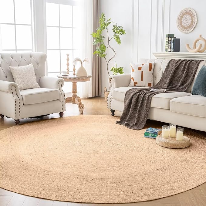 Shatex White Round Rug 3 Feet, Hand Braided Textured Jute Rug Rustic Style for Home Decor, Bedroom, Living Room, 100% Natural Jute Fiber, Natural