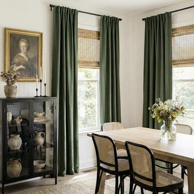 100% Blackout Shield Linen Blackout Curtains for Bedroom 120 Inches Long, Back Tab/Rod Pocket Living Room Drapes, Thermal Insulated Blackout Curtains 2 Panels Set, 50" W x 120" L, Moss Green