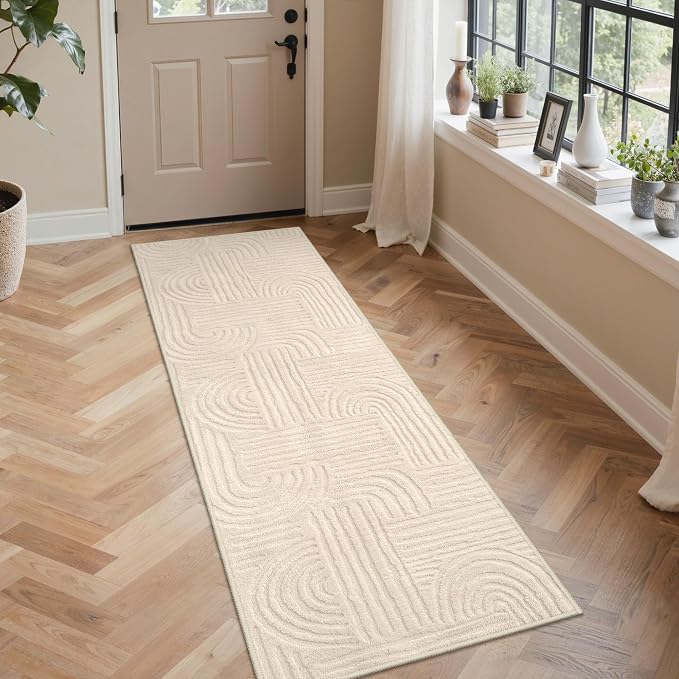 GENIMO Soft 2x7 Washable Runner Rug Non Slip, 3D Modern Arch Pattern Hallway Runner, High-Low Pile Textured Non Slip Fuzzy Carpet, Non-Shedding Stain Resistant Beige Rugs for Entryway Bedroom Laundry