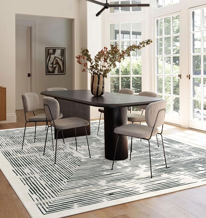 BLISSA Large Washable Area Rugs 9x12 - Soft Black White Lines Borderd Modern Abstract Rug for Living Room Ultra-Thin Geometric Striped Carpet for Bedroom Nursery Dining Room Office Home Decor
