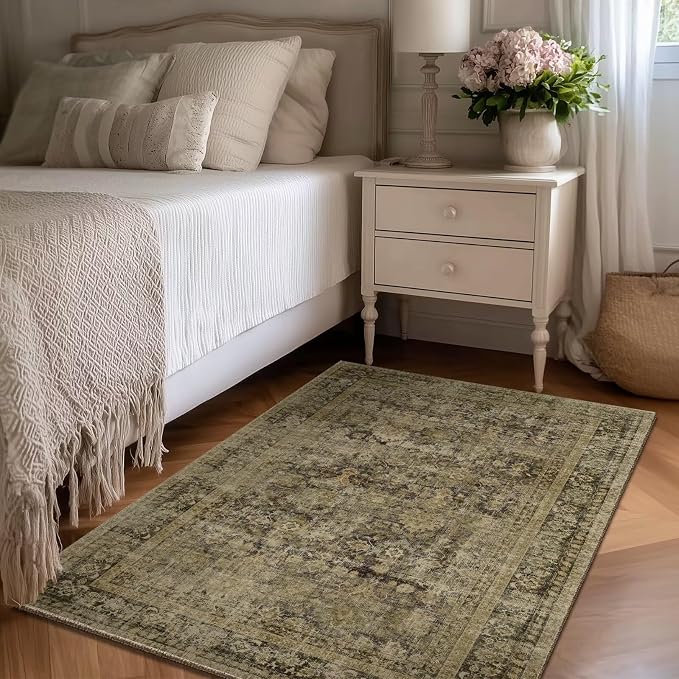 Washable 3x5 Entryway Rug, Boho Vintage Non-Slip Door Mat, Dark Green | 0.3" Neutral Throw Small Rugs for Bedroom Kitchen Nursery Entrance, Cushioned for High-traffic Area