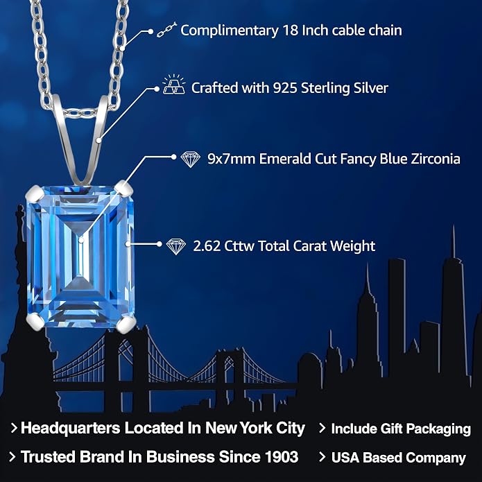 Gem Stone King Emerald Cut Pendant Necklace For Women | 925 Sterling Silver | Emerald Cut 9X7MM | Gemstone Birthstone | Fine Jewelry for Her Mom Wife | With 18 Inch Silver Chain