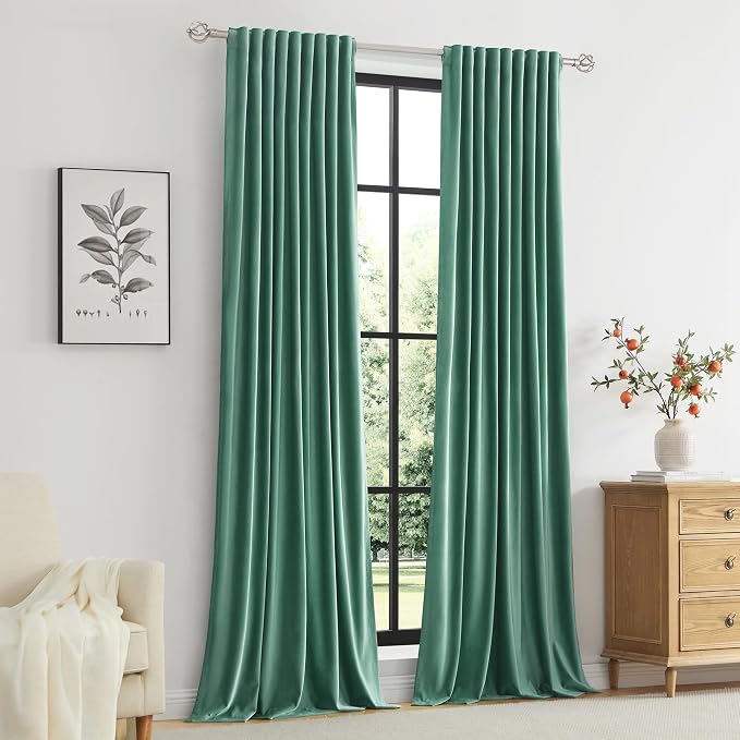PRIMROSE 100% Full Blackout Velvet Curtains 84 inch Long for Living Room,Set of 2 Liner Turquoise Aqua Rod Pocket Back Tab Window Treatment Room Darkening Heavy Decorative Curtains Drapes for Bedroom