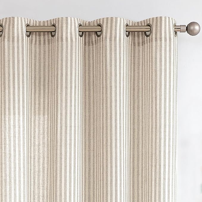 Vangao Linen Striped Curtains for Living Room Bedroom Farmhouse Tickingstripe Light Filtering Window Curtains Printed Drapes Grommet Top 2 Panels Taupe Grey W50 x L84 Inch