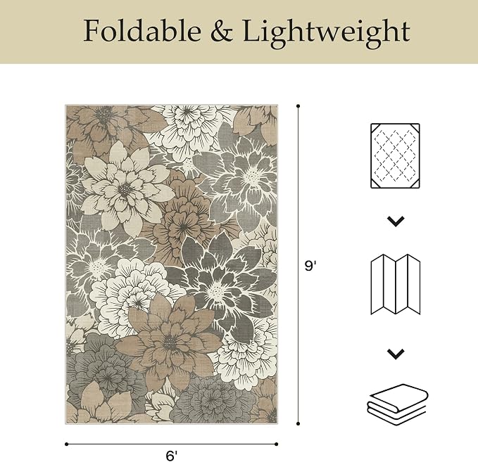 GENIMO 6x9 Outdoor Rug, Washable for Patio and Deck, Coffee Beige | Floral design for dining area; fade resistant chenille with quick-dry non-slip backing for indoor sunroom