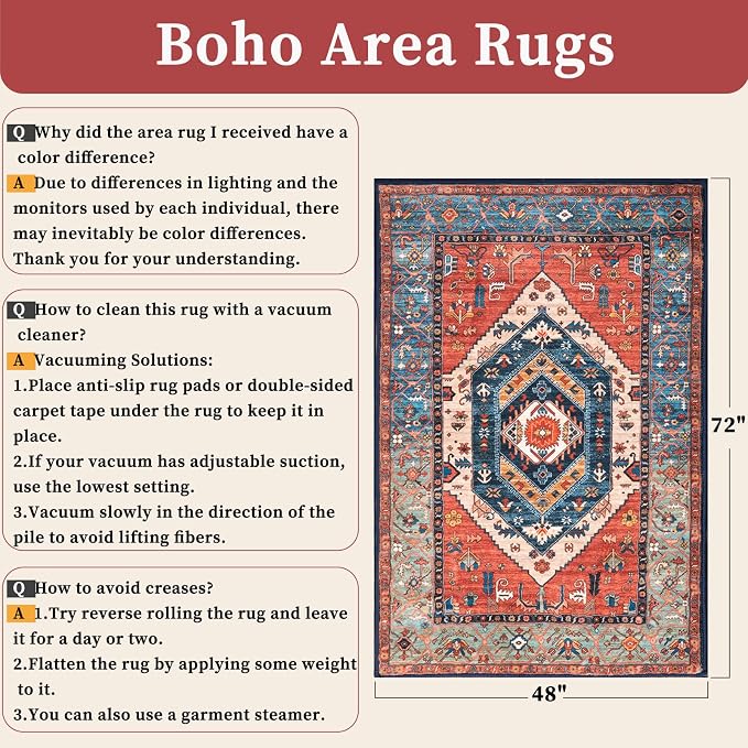 SERISSA Area Rug 4x6 Boho Rugs for Bedroom, Washable Non-Slip Living Room Rugs, Ultra Soft Vintage Print Distressed Rust Rug Low-Pile Throw Carpet for Entry Bedroom Nursery Kitchen Dorm Decor