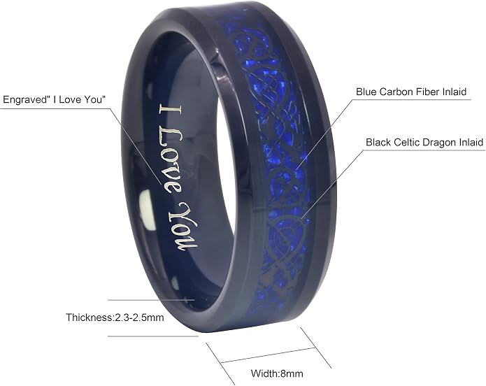 CROWNAL 6mm 8mm Blue Carbon Fiber Black Celtic Dragon Tungsten Carbide Wedding Band Ring Engraved I Love You Size 4 To 16