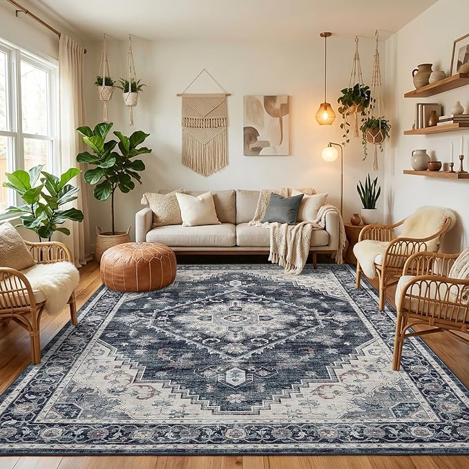 Garvee Navy Blue 6x9 Area Rugs for Living Room, Boho Vintage Non-Slip Washable Low-Pile Stain Resistant Soft Carpet for Bedroom Home Office Nursery Kitchen Room Decor