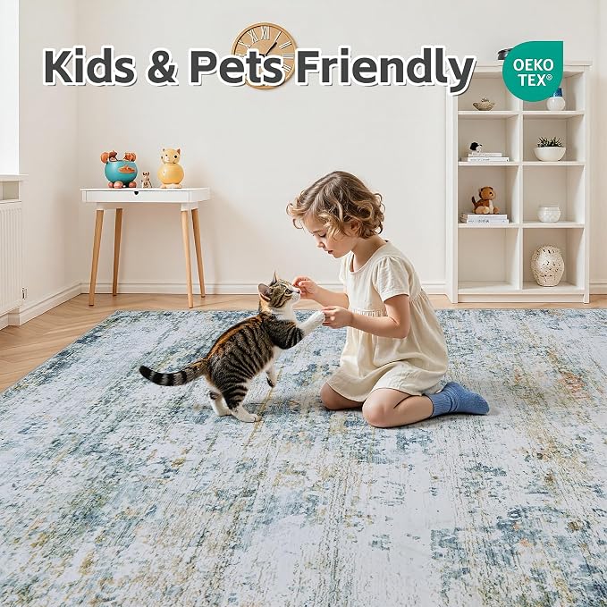 9x12 Area Rugs Living Room Rug Modern Abstract Neutral Washable Rugs Non Slip Soft Carpet Large Area Rug Low Pile Stain Resistant Non Shedding for Bedroom Nursery Dining Room Home Office Sage Green