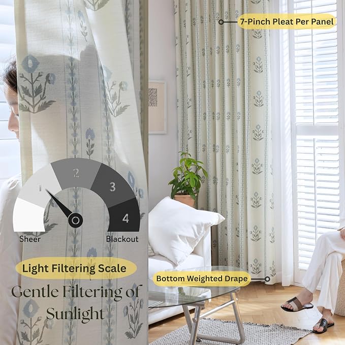 DrapePalette - Linen Blend Pinch Pleated Curtains 84 Inches Long for Living Room, Bedroom, Dining Room, Light Filtering Curtains 2 Panels Set, Modern Floral Printed Design, Antique White 30" W x 84" L