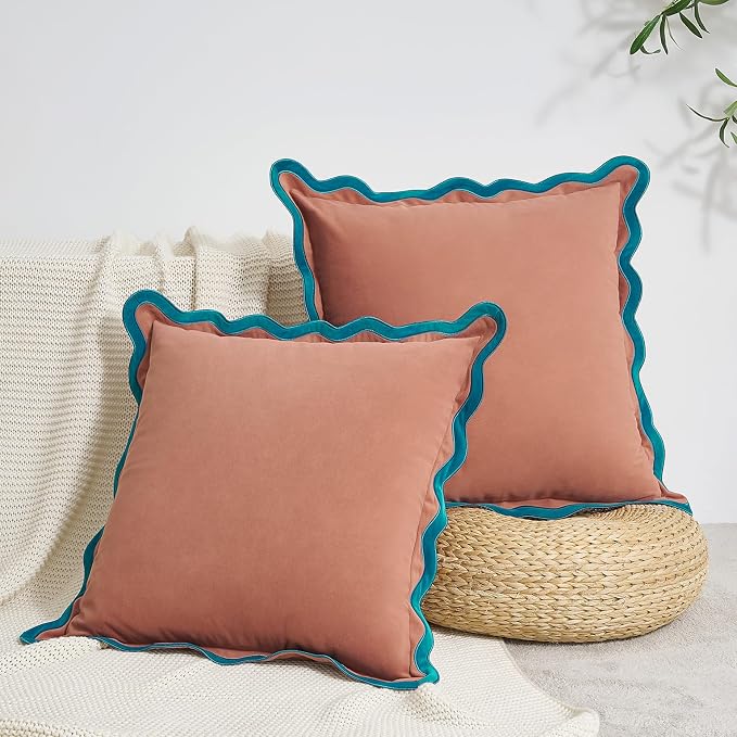 MONDAY MOOSE Decorative Throw Pillow Covers Cushion Cases, Set of 2 Soft Velvet Scalloped Wavy Edge Designs, Mix and Match for Home Decor, Pillow Inserts Not Included (16x16 inch, Teal/Pink)