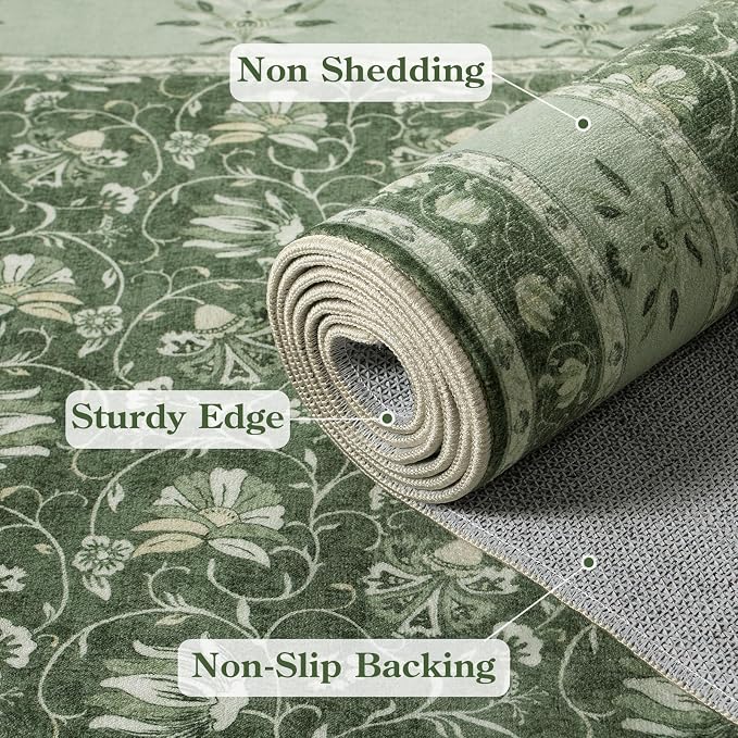 Lahome Green Washable Runner Rug, Low Plie Soft 2x6 Runner Rug Non Slip Kitchen Runner, Vintage Floral Carpet Runners for Bedroom Entryway Bathroom (2'x6', Green)