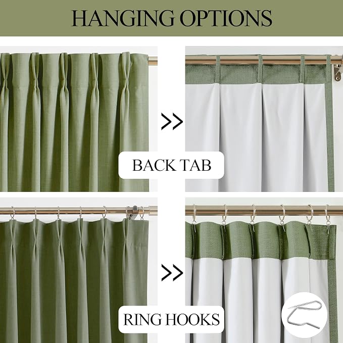 Vision Home Dark Green Pinch Pleated Full Blackout Curtains Linen Blended Room Darkening Curtain Panels 90 inch for Living Room Bedroom Thermal Insulated Pinch Pleat Drapes with Hooks 40" Wx90 Lx2