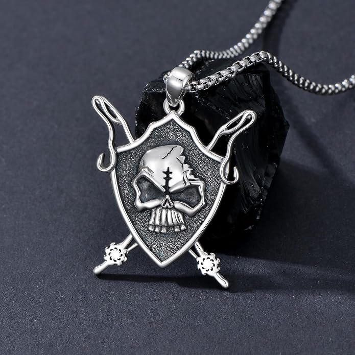 SIMONLY Eagle/Wolf/Skull Necklace for Men 925 Sterling Silver Shield Fish Hook Pendant Amulet Necklace Viking Shield Jewelry Christmas Gifts for Him