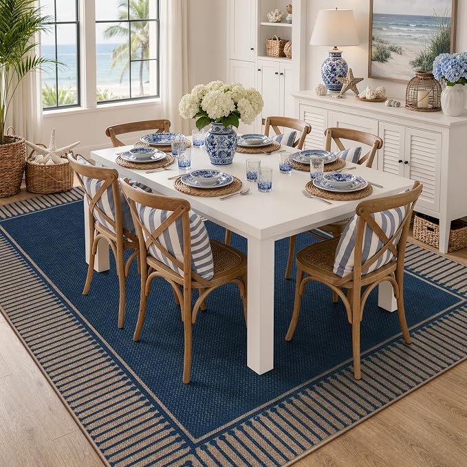 Moynesa Easy Jute Outdoor 8x10 Rug, Blue Striped Border Washable Indoor Outdoor Patio Area Rugs, Farmhouse Neutral Non Slip Carpets for Living Room Bedroom Backyard Home Decor