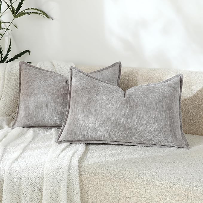 Stellhome Lumbar Chenille Throw Pillow Covers Set of 2 Super Soft Textured Decorative Pillow Covers Accent Solid Cushion Cover for Couch Sofa Bedroom Living Room 12x20 Inch, Crey
