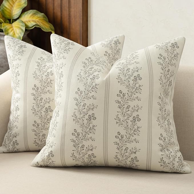 Vintage Throw Pillow Covers 22x22 Set of 2, Striped Floral Pillow Cover Botanical Patterned Decorative Cushion Covers Modern Farmhouse Home Decor for Sofa Couch Bed Living Room, Light Taupe