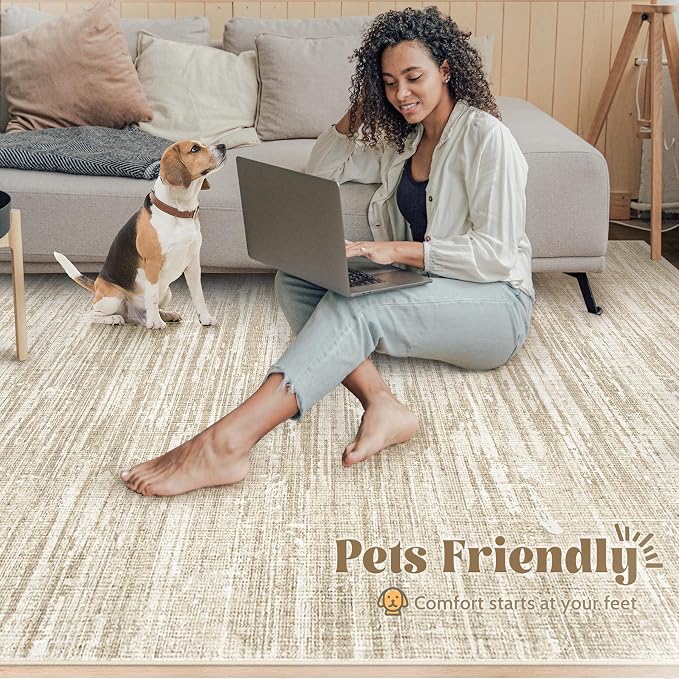 Living Room Rugs 8x10: Washable Moroccan Geometric Boho Rug Farmhouse Non Slip Stain Resistant Large Rug Low Pile Soft Carpet for Bedroom Dining Room Children Room (Camel,8'x10')