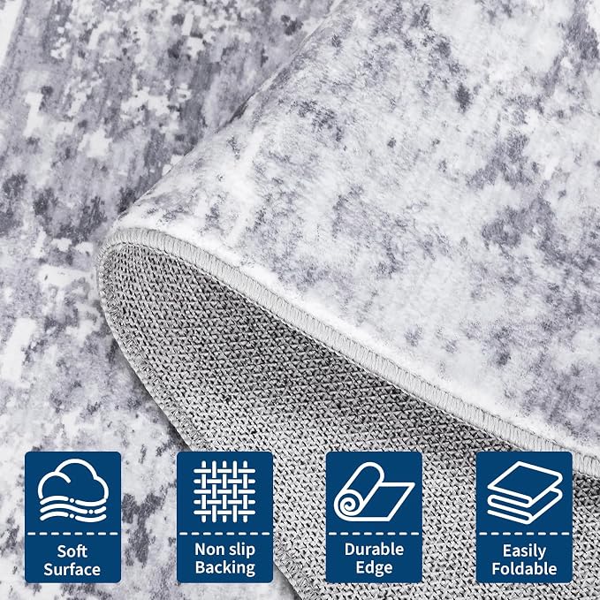 ROYHOME Modern Abstract Runner Rug 2x5 Washable Non Slip Stain Resistant Rug for Bedroom Living Room Non Shedding Low Pile Indoor Floor Cover,Light Grey