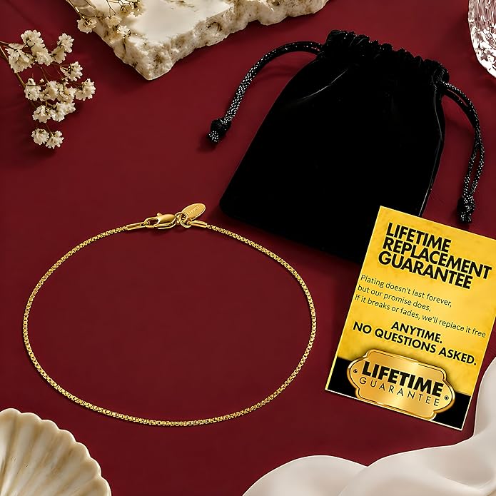 LIFETIME JEWELRY 24K Gold Anklets for Women – Twisted Box Chain Ankle Bracelet 10X Thicker Real Gold Plated – Made in USA with Lifetime Replacement