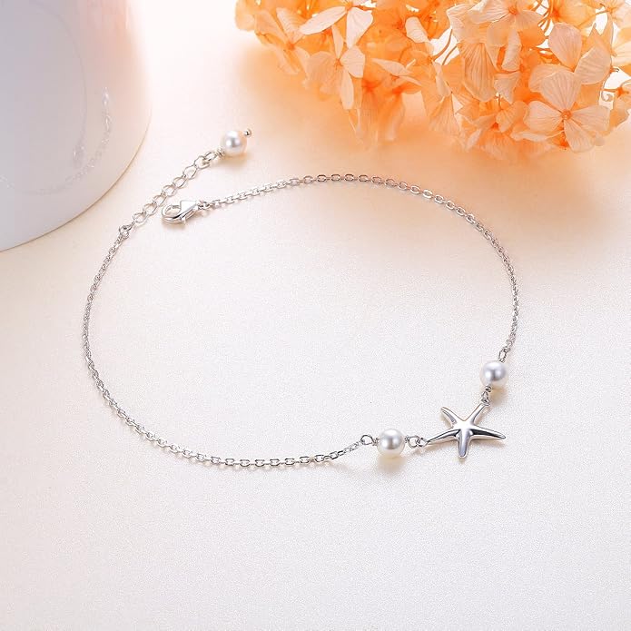 Alphm Anklet for Women S925 Sterling Silver Adjustable Foot Evil Eye Starfish Heart Bead Butterfly Celtic Knot Cross Multilayer Layered Ankle Bracelet Jewelry