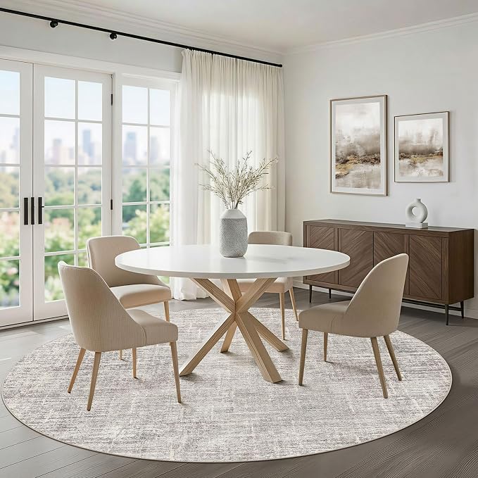 7ft Round Rug Living Room: 7x7 Washable Large Neutral Circle Area Rug Abstract Soft Modern Stain Resistant Indoor Floor Non-Slip Carpet for Bedroom Nursery Kids Office Playroom Dining Room- Brown Gray