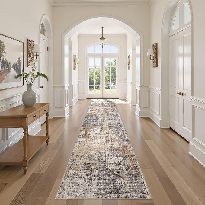 DMOYEST Washable Runner Rug for Hallway: 2.6x12 Neutral Modern Abstract Low Pile Area Rug with Non-Slip Backing - Carpet for Bedroom Kitchen Laundry Entryway Bathroom Indoor - Grey Brown