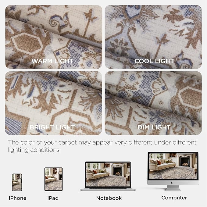 Joydeco 5x7 Area Rugs for Living Room, Non Slip Machine Washable Vintage Rug, Low Pile Chenille Print Rugs for Bedroom, Dining Room, Home Office, Pet & Child Friendly, Beige & Blue & Reddish-Brown