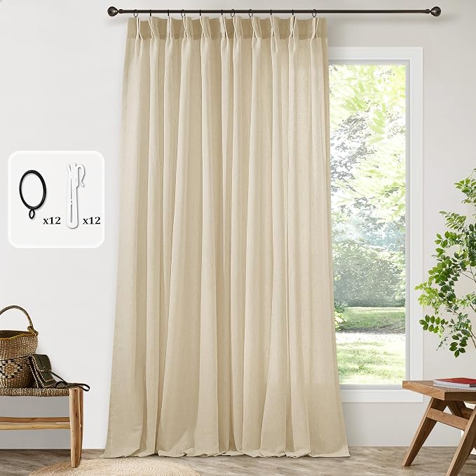 Pinch Pleat 72 x 96 Inch Linen Curtains Extra Wide Beige Semi Sheer | Neutral, Pleated Drapes, for Living Room Sliding Door Dining Bedroom Divider, Curtains 96 Inch Length, Ceiling Window, 8Ft