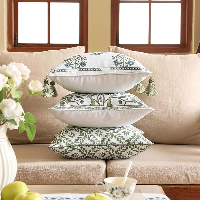 ISAENNE Designer Elegant Linen Throw Pillow Cover,Set of 4-Mosella ABCD | French Cottage Pillow Cover,Concealed Zipper,Floral Pattern,Sofas,Bedroom,Living Room,Lounge Chairs,All Season Home Decor