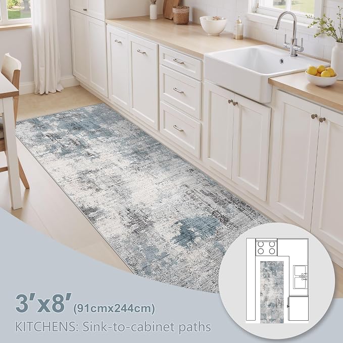 Abstract 3x8 Runner Rug: Machine Washable Non Slip Ultra Thin Low-Pile Carpet, Soft Stain Resistant for Hallway Kitchen Bathroom, Kid Pet Friendly, Robot Vacuum Compatible - Grey Blue