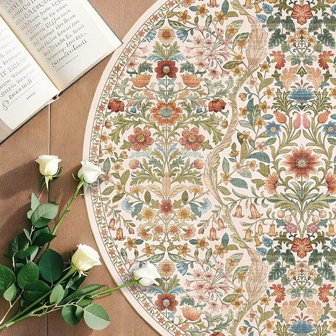 Round Rug 8ft Beige Washable Floral Circle Rug,Vintage Boho Botanical Round Area Rugs, Non-Slip Soft Low-Pile Circular Carpet for Bedroom,Kids Room,College Dorm,Home Decor